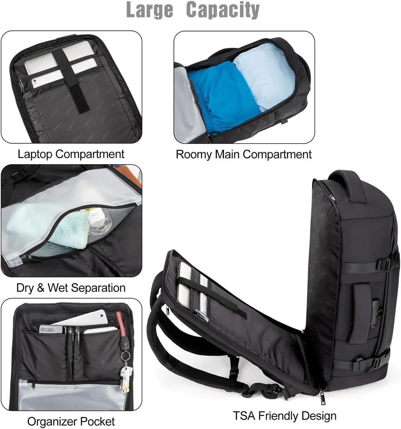 Alt view image 3 of 5 - Tzowla 40L Travel Laptop Backpack for Men Women Carry on Flight Approved, Large Capacity Water Resistant Anti Theft Backpacks with USB Port,Business Causal Daypack Bag Fit 17.3"Computer/Notebook-Black
