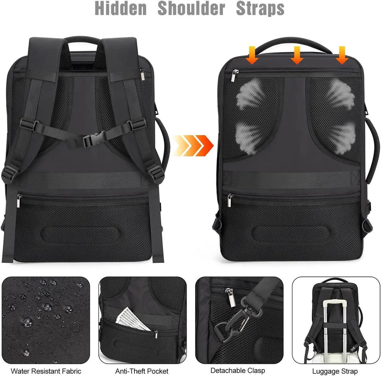 Alt view image 5 of 5 - Tzowla 40L Travel Laptop Backpack for Men Women Carry on Flight Approved, Large Capacity Water Resistant Anti Theft Backpacks with USB Port,Business Causal Daypack Bag Fit 17.3"Computer/Notebook-Black