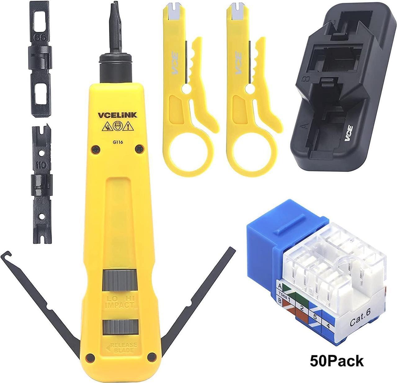 Main image of VCELINK Punch Down Impact Tool with 110 and 66 Blades Bundle with 50-Pack RJ45 Cat6 90-Degree Keystone Jack Insert with Keystone Punch Down Stand Tool and 2-Pack Wire Stripper Cutter