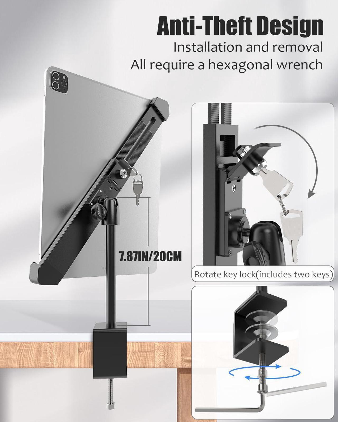 Alt view image 2 of 5 - Wukanleng Anti-Theft Tablet Stand Holder Fits 9-14" Devices, Tablet Kiosk Clamp Mount with Lock for Store POS Reception, Diagonal Clip Compatible with iPad Pro 12.9/Air, Surface, Galaxy Tabs