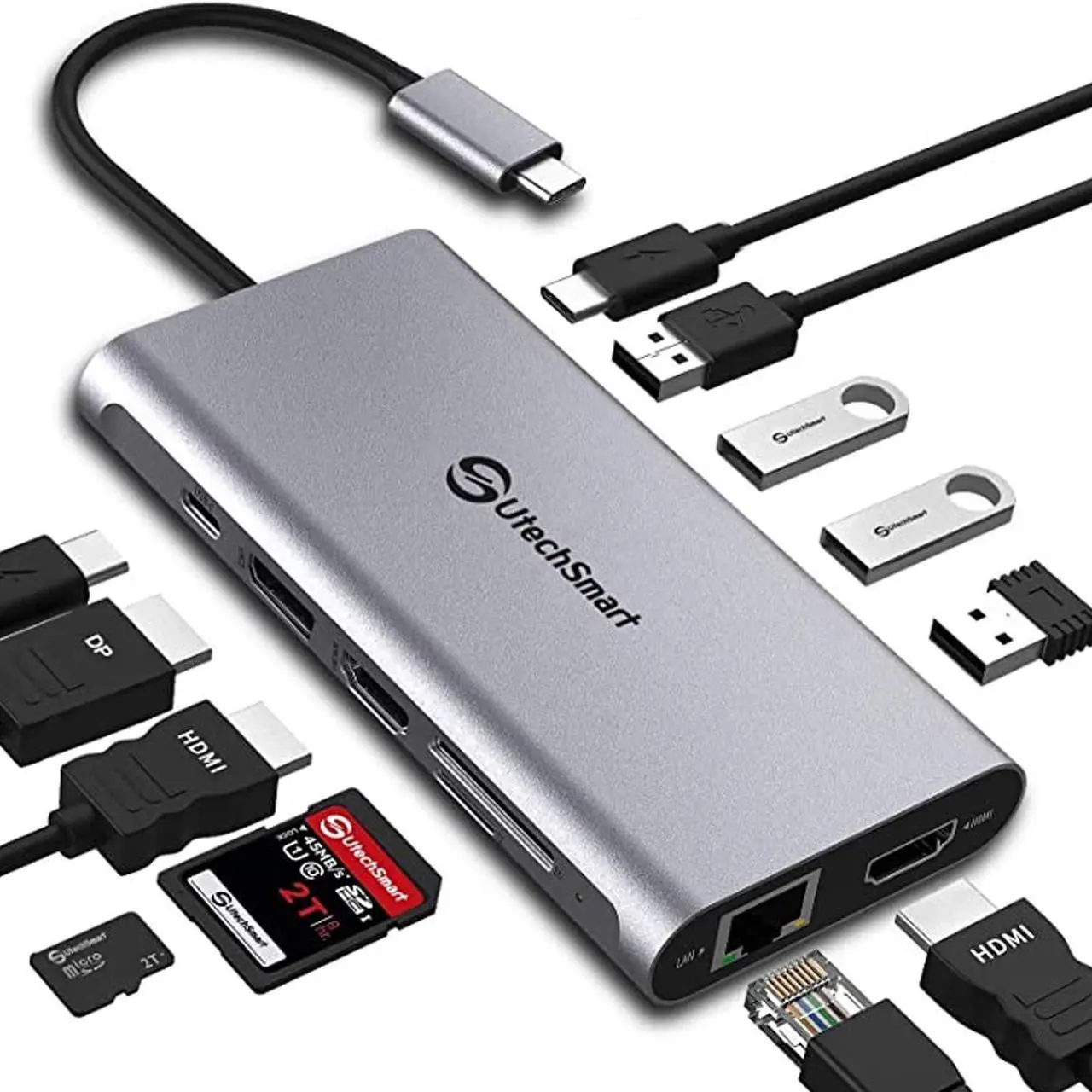 Main image of UtechSmart 12 in 1 USB C Dock - Triple Display with 2*4K@60Hz HDMI, DisplayPort, 100W PD, 4 USB Ports, RJ45 Ethernet, SD/TF for MacBook, Dell, HP, Lenovo, Huawei