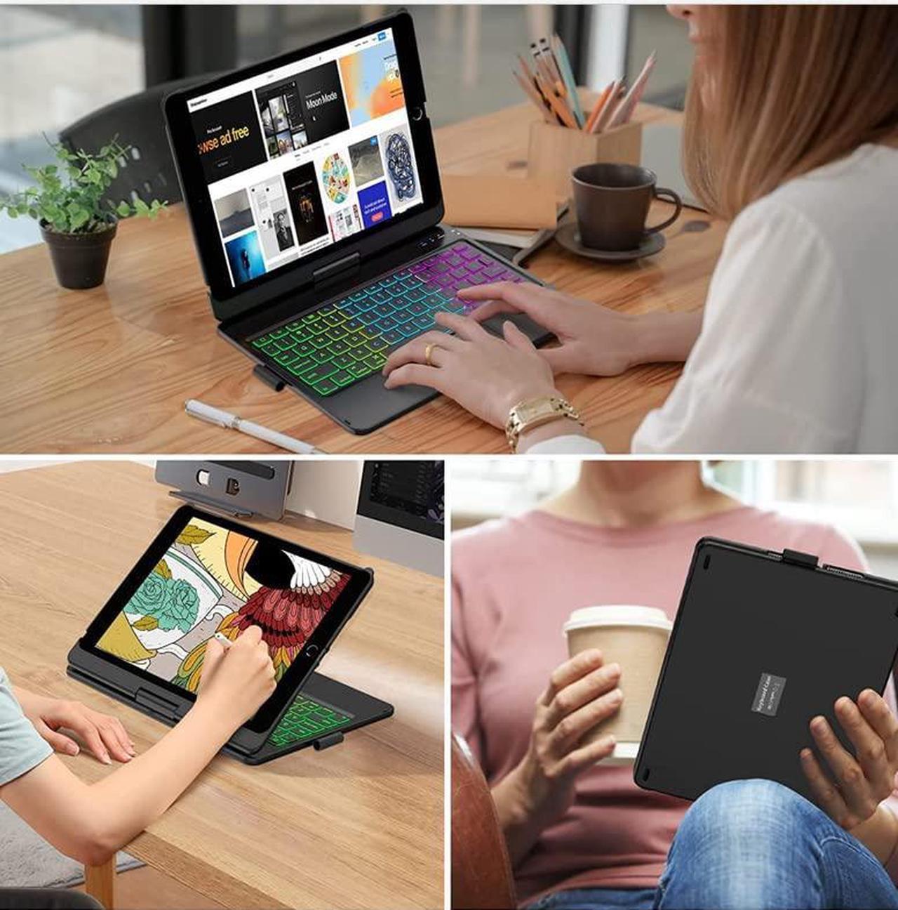 Alt view image 2 of 5 - 360 Rotatable Keyboard Case for iPad Air 5/Air 4/iPad Pro 11 2022/2021/2020, iPad Pro 11 Case with Backlits Bluetooth Touchpad Keyboard Smart Cover with Pencil Holder, Black