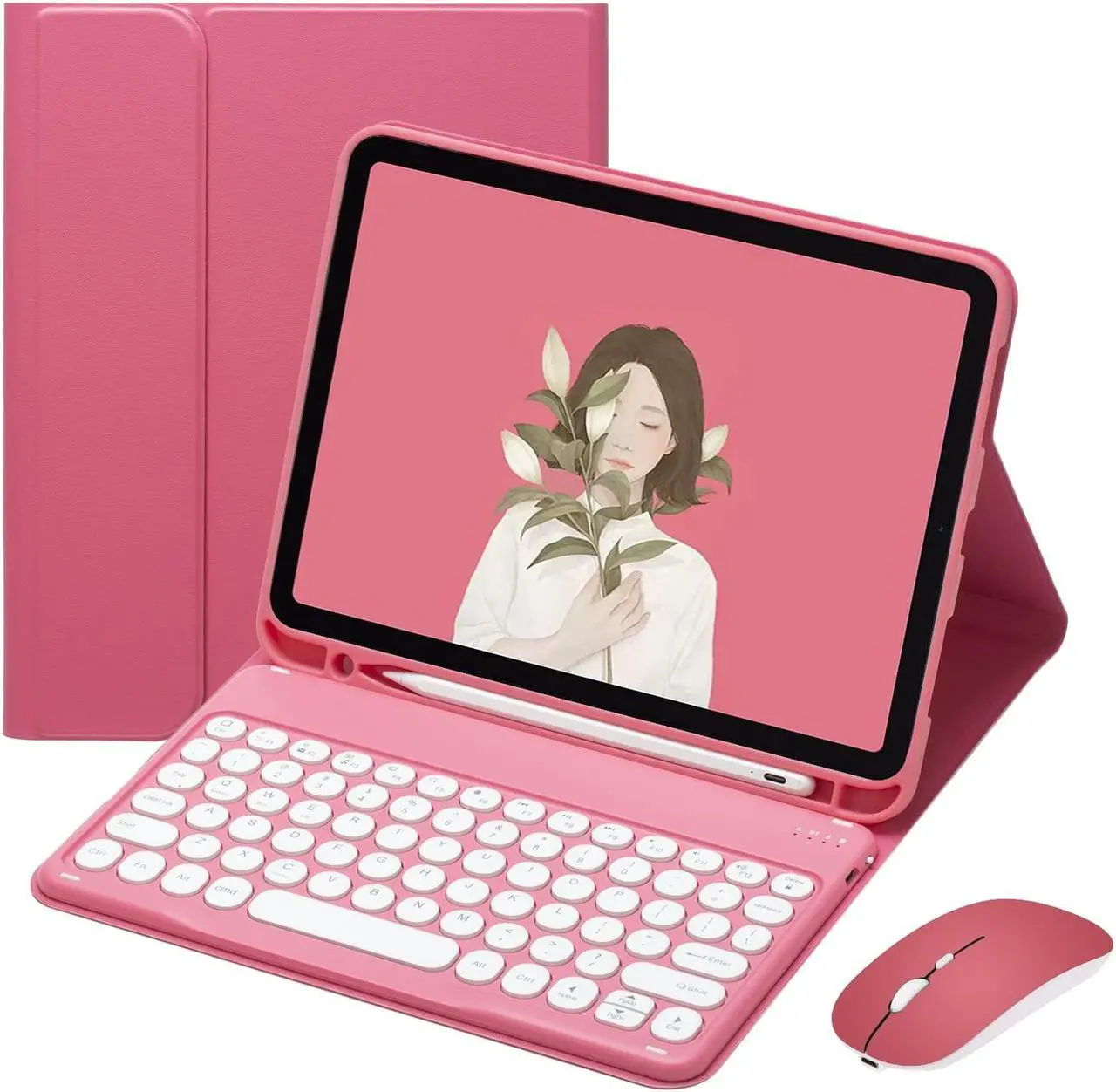 Main image of PboyiqiS Keyboard Case for iPad 9th/ 8th/ 7th Generation,iPad 10.2'' Keyboard with Mouse Cute Round Key Detachable Case with Pencil Holder (New Pink)