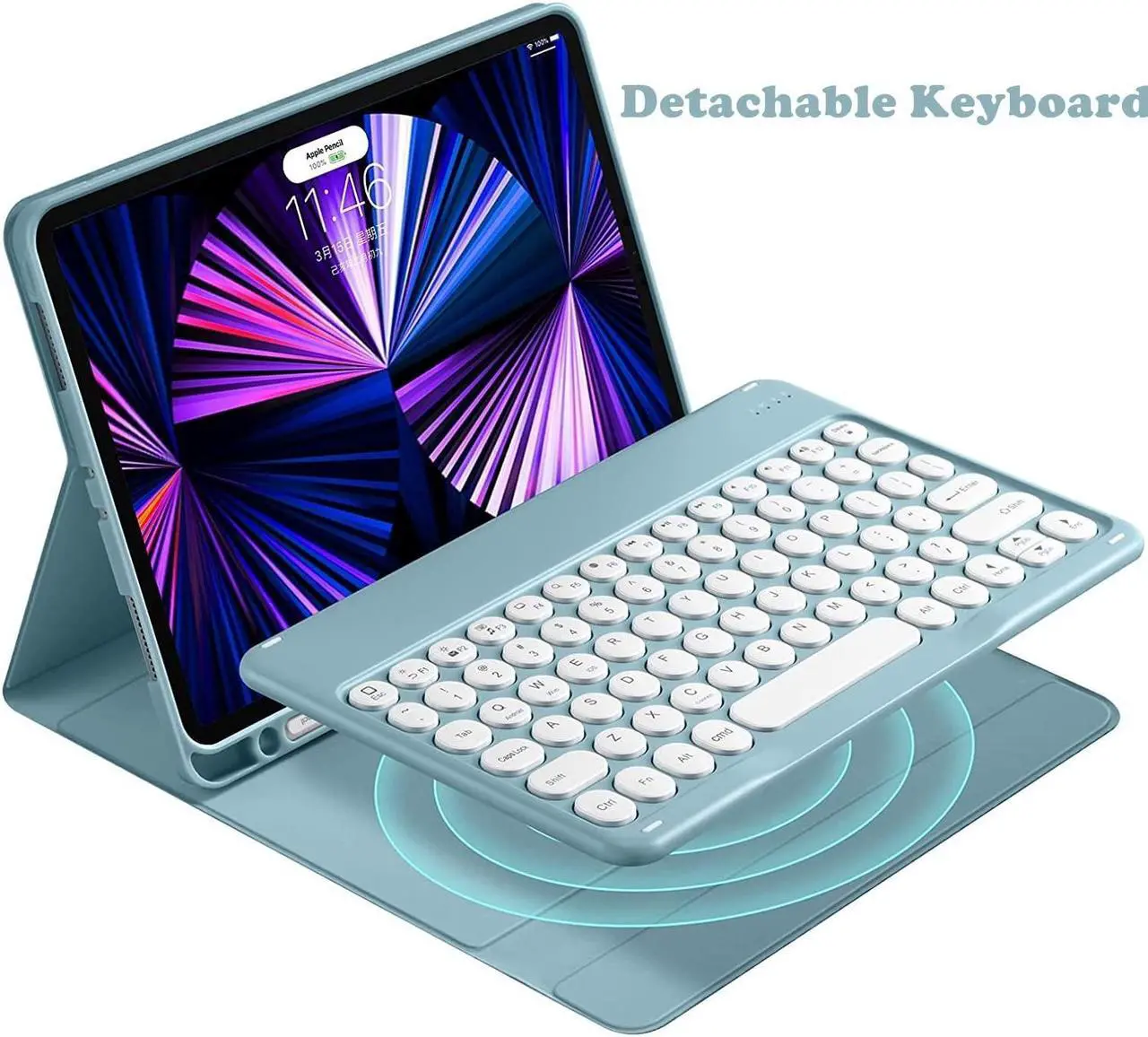 Alt view image 3 of 5 - PboyiqiS Keyboard Case for iPad 9th/ 8th/ 7th Generation,iPad 10.2'' Keyboard with Mouse Cute Round Key Detachable Case with Pencil Holder (New Pink)