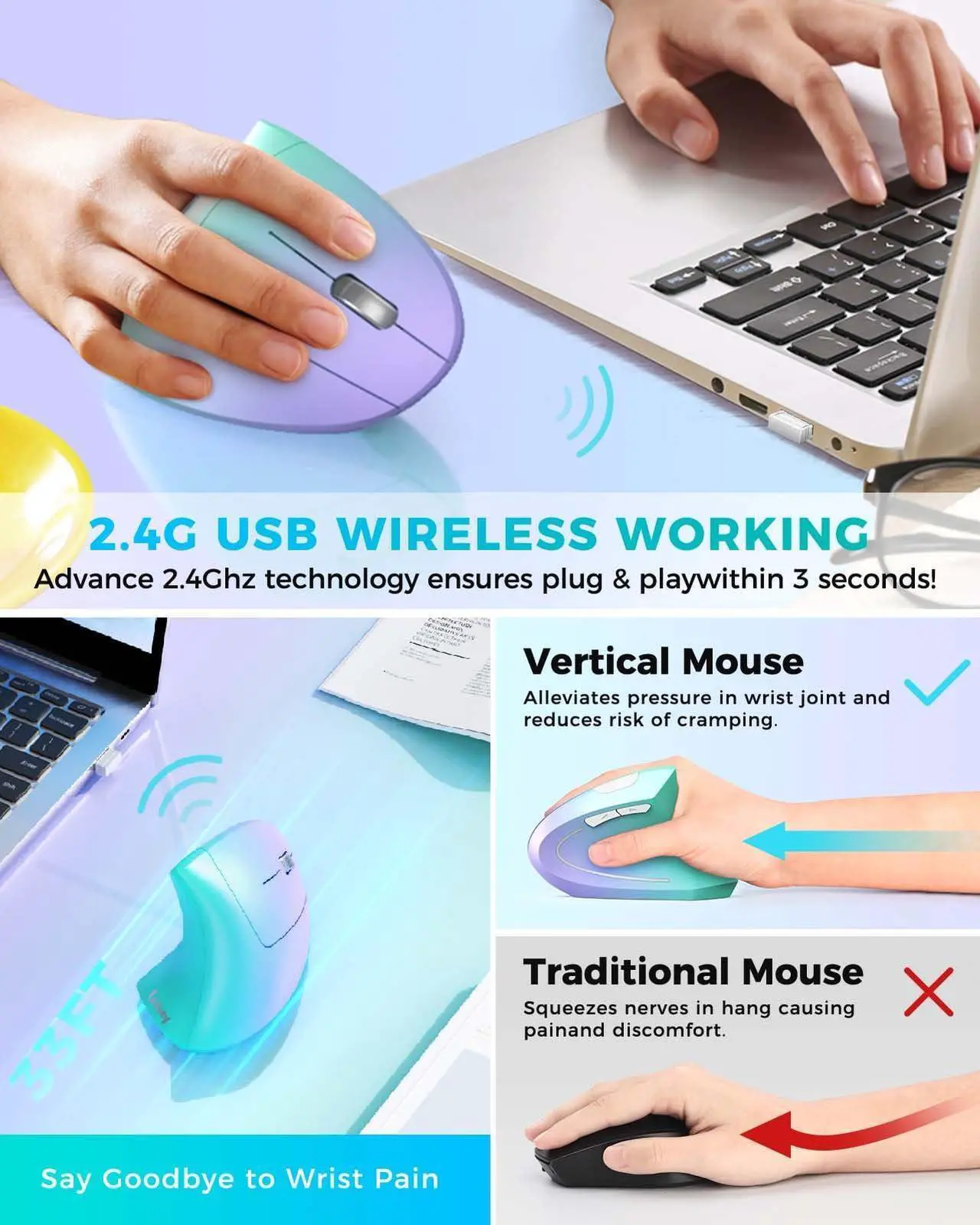 Alt view image 3 of 5 - Lekvey Ergonomic Mouse, Vertical Wireless Mouse, Rechargeable 2.4G Optical Carpal Tunnel Mice: 800/1200 / 1600 DPI, 6 Buttons, for Laptop, PC, Computer, Desktop, Notebook etc, Green Purple