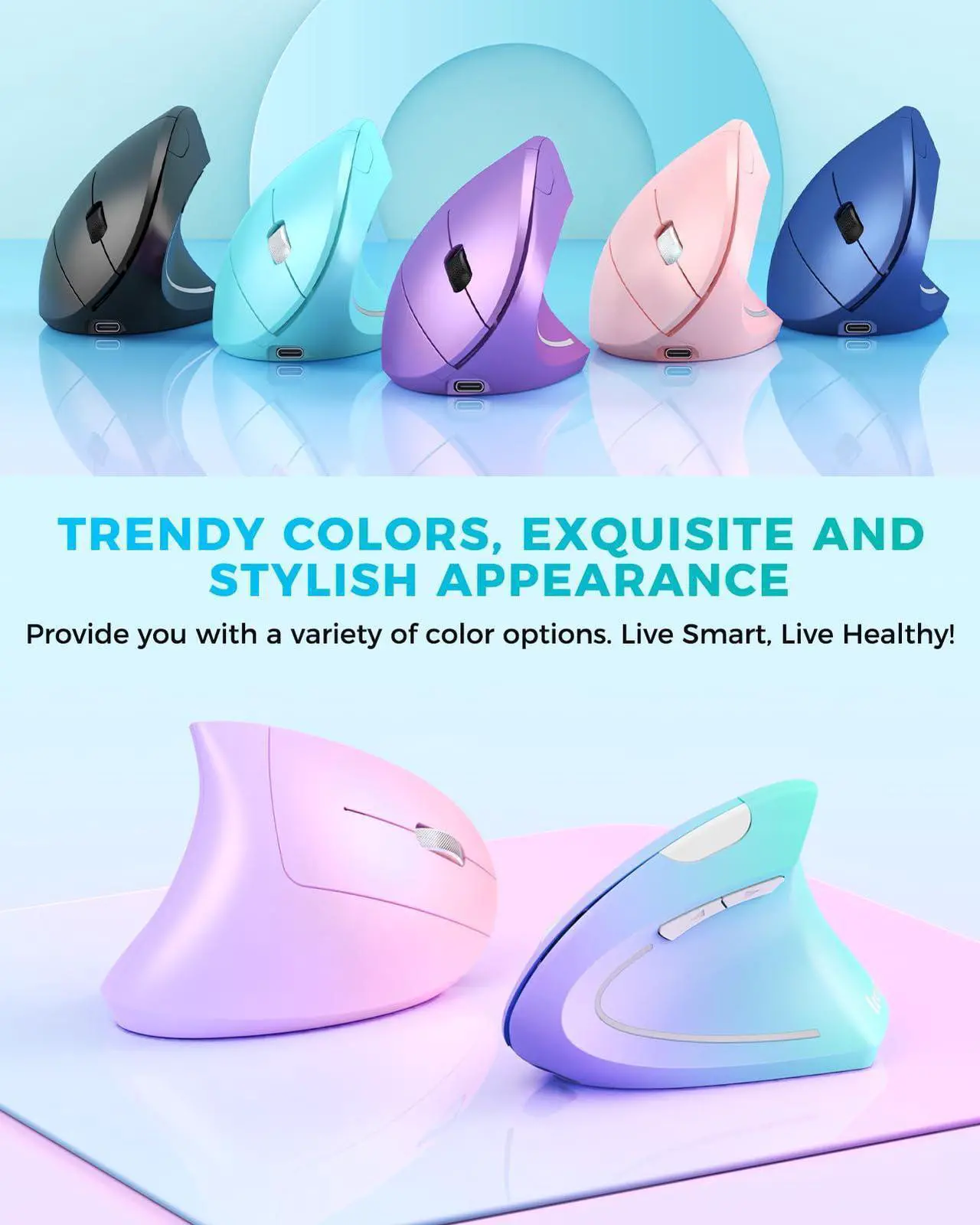 Alt view image 2 of 5 - Lekvey Ergonomic Mouse, Vertical Wireless Mouse, Rechargeable 2.4G Optical Carpal Tunnel Mice: 800/1200 / 1600 DPI, 6 Buttons, for Laptop, PC, Computer, Desktop, Notebook etc, Green Purple