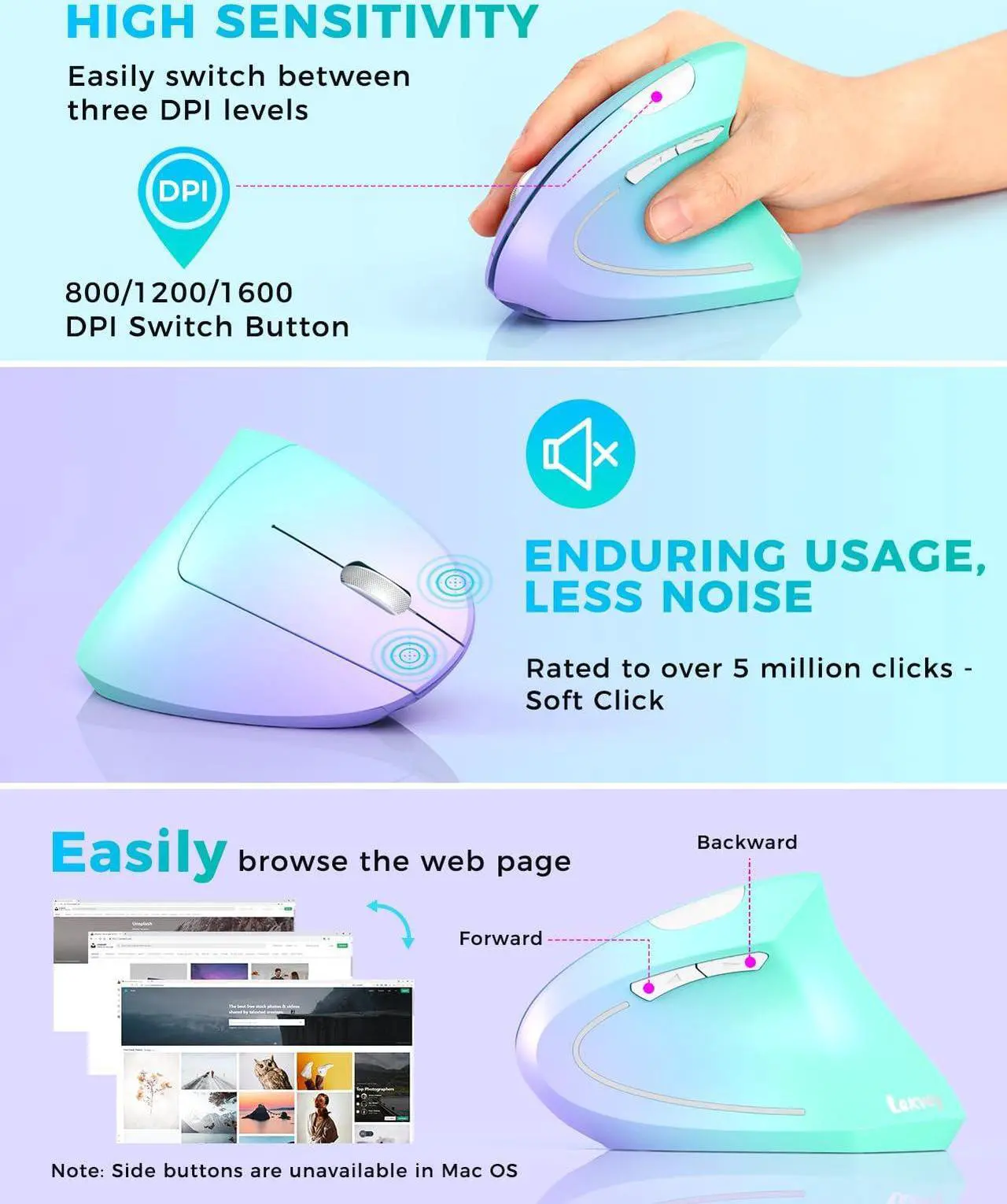 Alt view image 5 of 5 - Lekvey Ergonomic Mouse, Vertical Wireless Mouse, Rechargeable 2.4G Optical Carpal Tunnel Mice: 800/1200 / 1600 DPI, 6 Buttons, for Laptop, PC, Computer, Desktop, Notebook etc, Green Purple