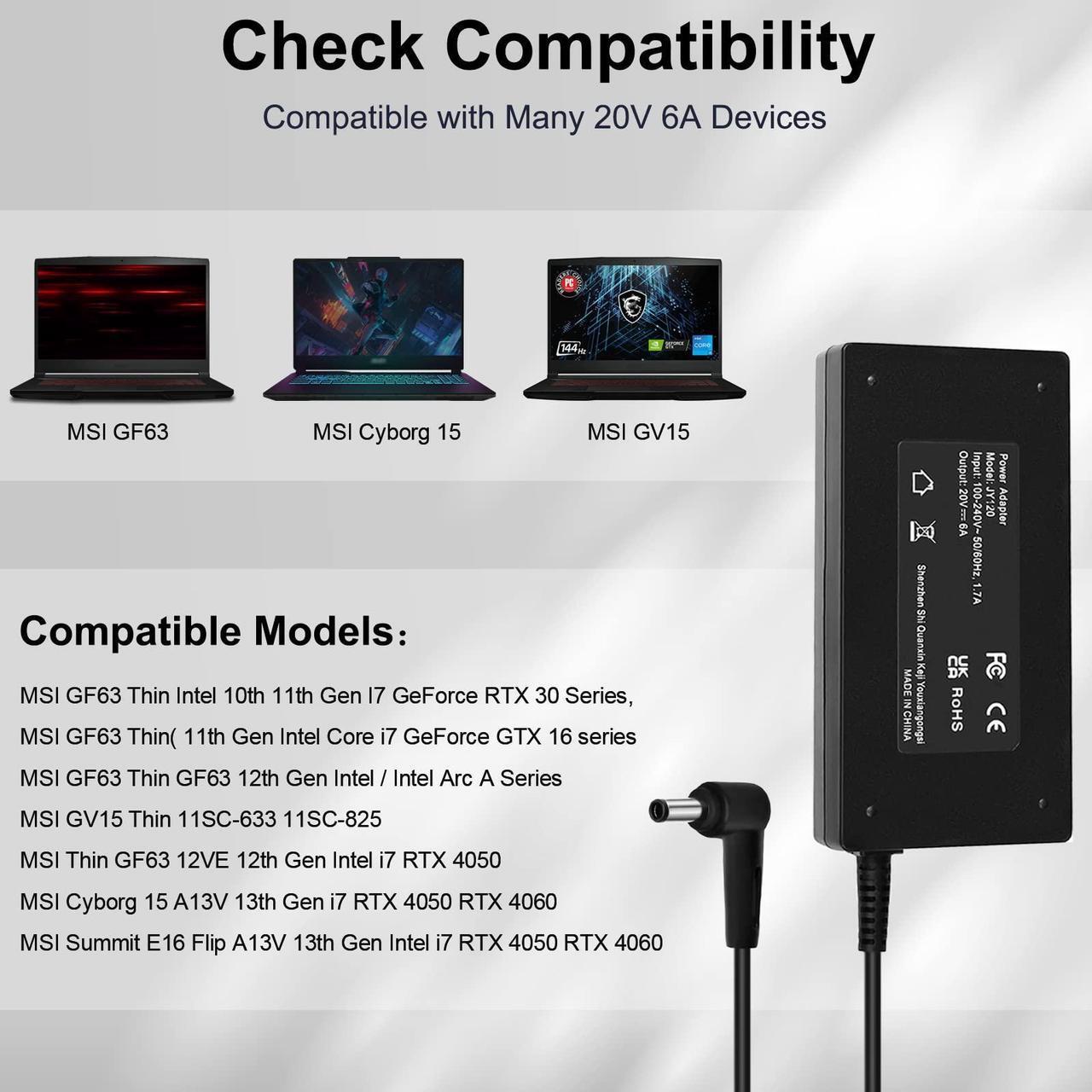Alt view image 2 of 5 - 20V 6A Charger for MSI Thin GF63 13 12 11th Laptop MSI GV15 Thin MSI Cyborg 15 A12V A13V Summit E16 Flip A13V Power Supply MSI GF63 Thin Charger MSI Creator M14 Power Cord