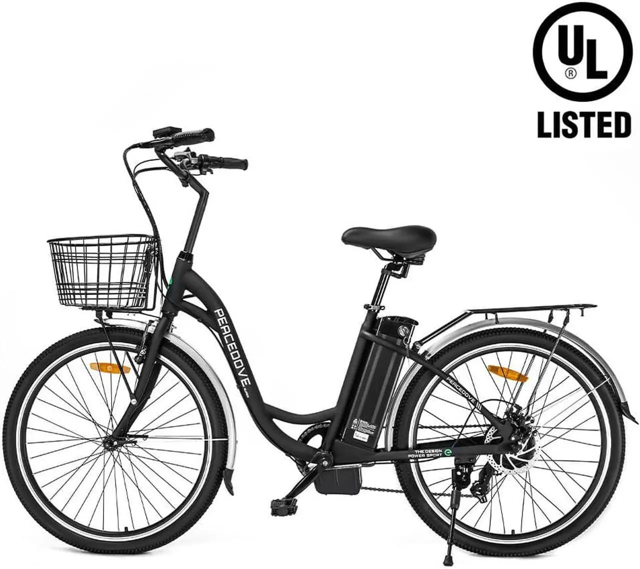 Main image of Ecotric 36V 10AH 350W 26inch black Peacedove Commute Step-Through electric city bicycle with basket, Shimano 7-speed and rear rack