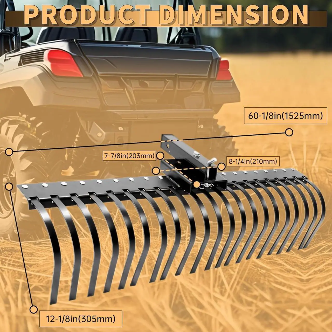 Alt view image 2 of 7 - Ecotric 60 Inch Landscape Rake Fit for 2 Inch Receiver ATV UTV SxS Features 48" or 60" Accessory Tool Bar & 3 Point Hitch System Powder Coated Steel