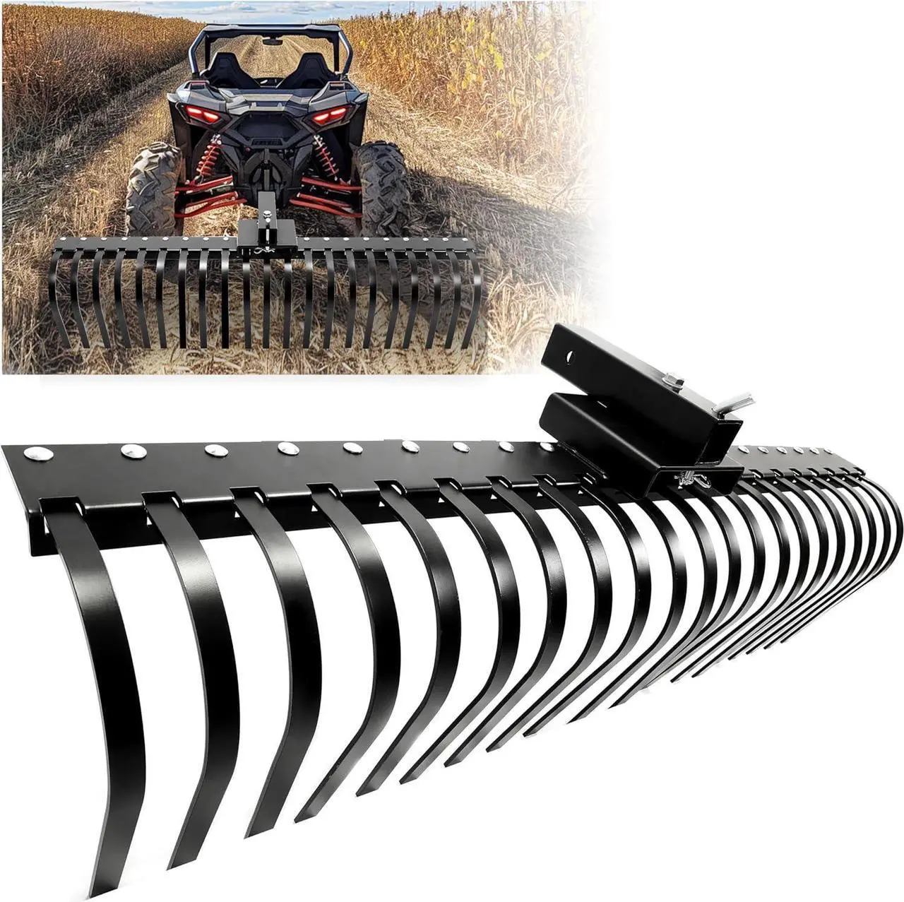 Main image of Ecotric 60 Inch Landscape Rake Fit for 2 Inch Receiver ATV UTV SxS Features 48" or 60" Accessory Tool Bar & 3 Point Hitch System Powder Coated Steel