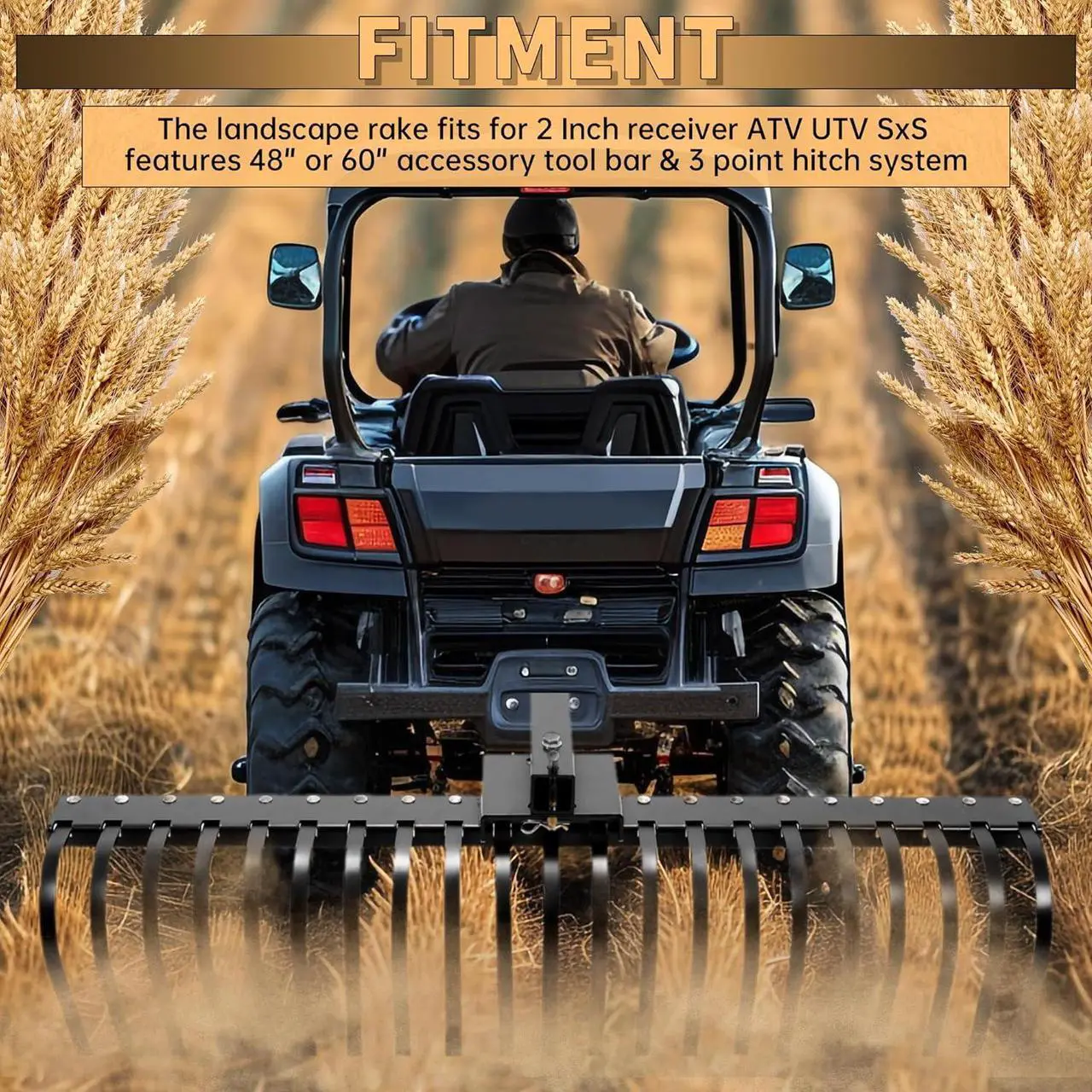 Alt view image 3 of 7 - Ecotric 60 Inch Landscape Rake Fit for 2 Inch Receiver ATV UTV SxS Features 48" or 60" Accessory Tool Bar & 3 Point Hitch System Powder Coated Steel