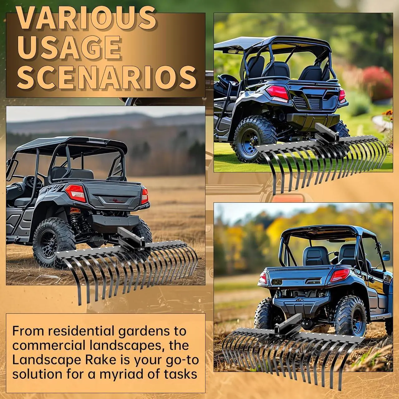Alt view image 7 of 7 - Ecotric 60 Inch Landscape Rake Fit for 2 Inch Receiver ATV UTV SxS Features 48" or 60" Accessory Tool Bar & 3 Point Hitch System Powder Coated Steel