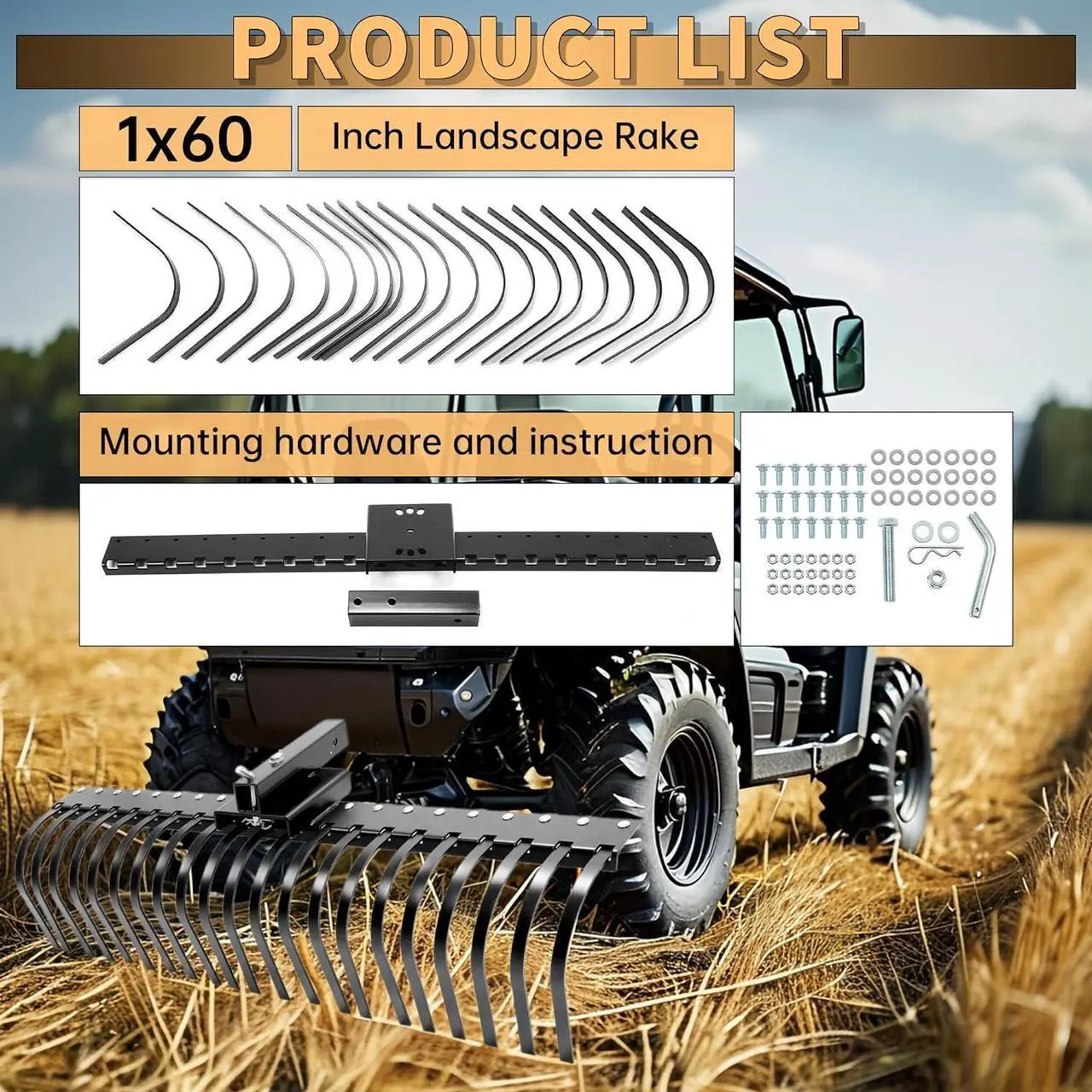 Alt view image 5 of 7 - Ecotric 60 Inch Landscape Rake Fit for 2 Inch Receiver ATV UTV SxS Features 48" or 60" Accessory Tool Bar & 3 Point Hitch System Powder Coated Steel