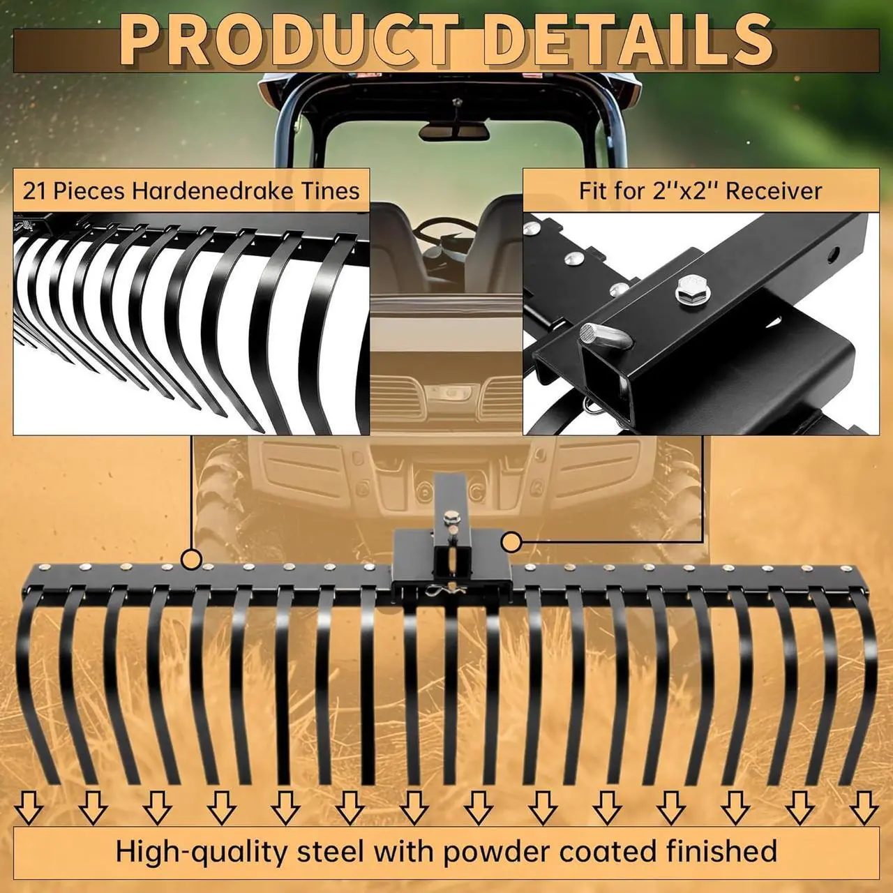 Alt view image 4 of 7 - Ecotric 60 Inch Landscape Rake Fit for 2 Inch Receiver ATV UTV SxS Features 48" or 60" Accessory Tool Bar & 3 Point Hitch System Powder Coated Steel
