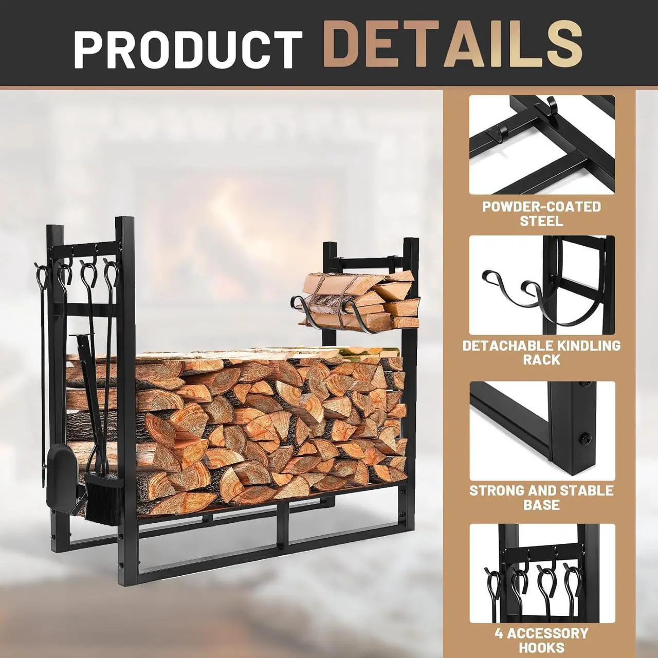 Main image of Ecotric 33 Inch Firewood Rack W/Kindling Holder Include Shovel Poker Tongs Brush Heavy Duty Steel Indoor Outdoor Fireplace Log Rack Steel Powder Coated