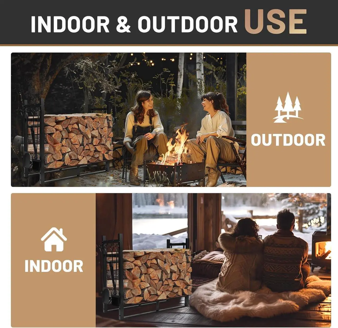 Alt view image 5 of 7 - Ecotric 33 Inch Firewood Rack W/Kindling Holder Include Shovel Poker Tongs Brush Heavy Duty Steel Indoor Outdoor Fireplace Log Rack Steel Powder Coated
