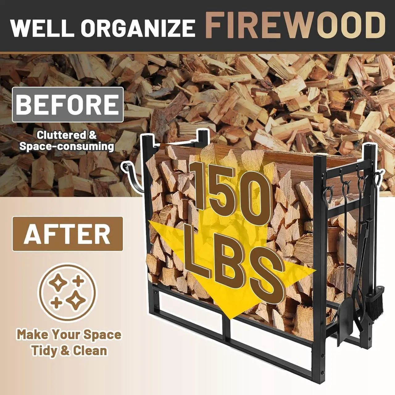 Alt view image 6 of 7 - Ecotric 33 Inch Firewood Rack W/Kindling Holder Include Shovel Poker Tongs Brush Heavy Duty Steel Indoor Outdoor Fireplace Log Rack Steel Powder Coated