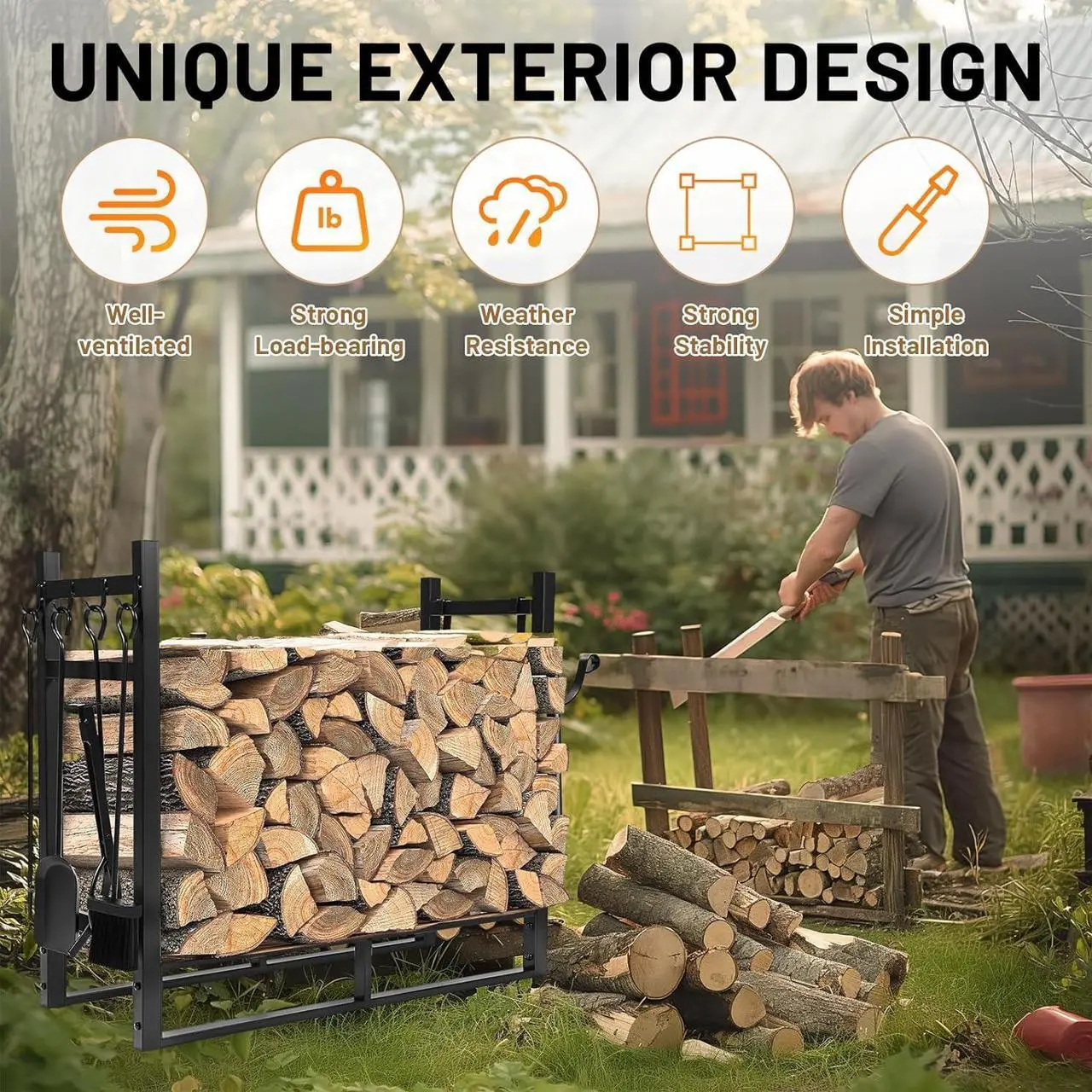 Alt view image 7 of 7 - Ecotric 33 Inch Firewood Rack W/Kindling Holder Include Shovel Poker Tongs Brush Heavy Duty Steel Indoor Outdoor Fireplace Log Rack Steel Powder Coated