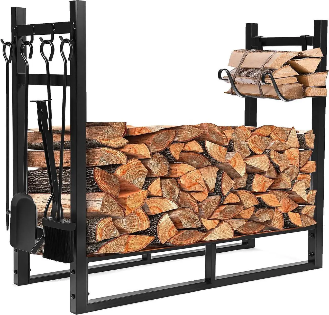 Alt view image 3 of 7 - Ecotric 33 Inch Firewood Rack W/Kindling Holder Include Shovel Poker Tongs Brush Heavy Duty Steel Indoor Outdoor Fireplace Log Rack Steel Powder Coated