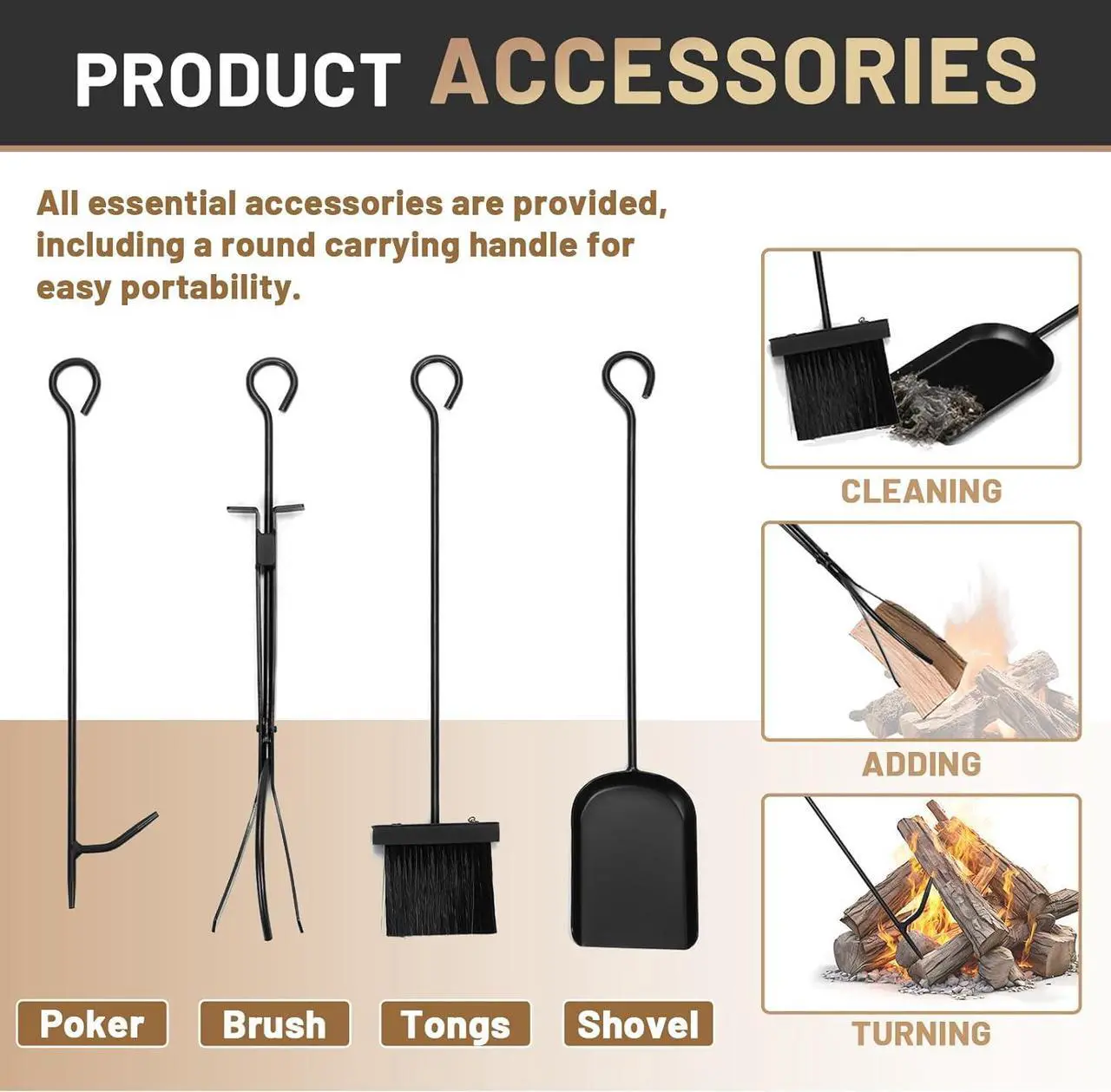 Alt view image 4 of 7 - Ecotric 33 Inch Firewood Rack W/Kindling Holder Include Shovel Poker Tongs Brush Heavy Duty Steel Indoor Outdoor Fireplace Log Rack Steel Powder Coated