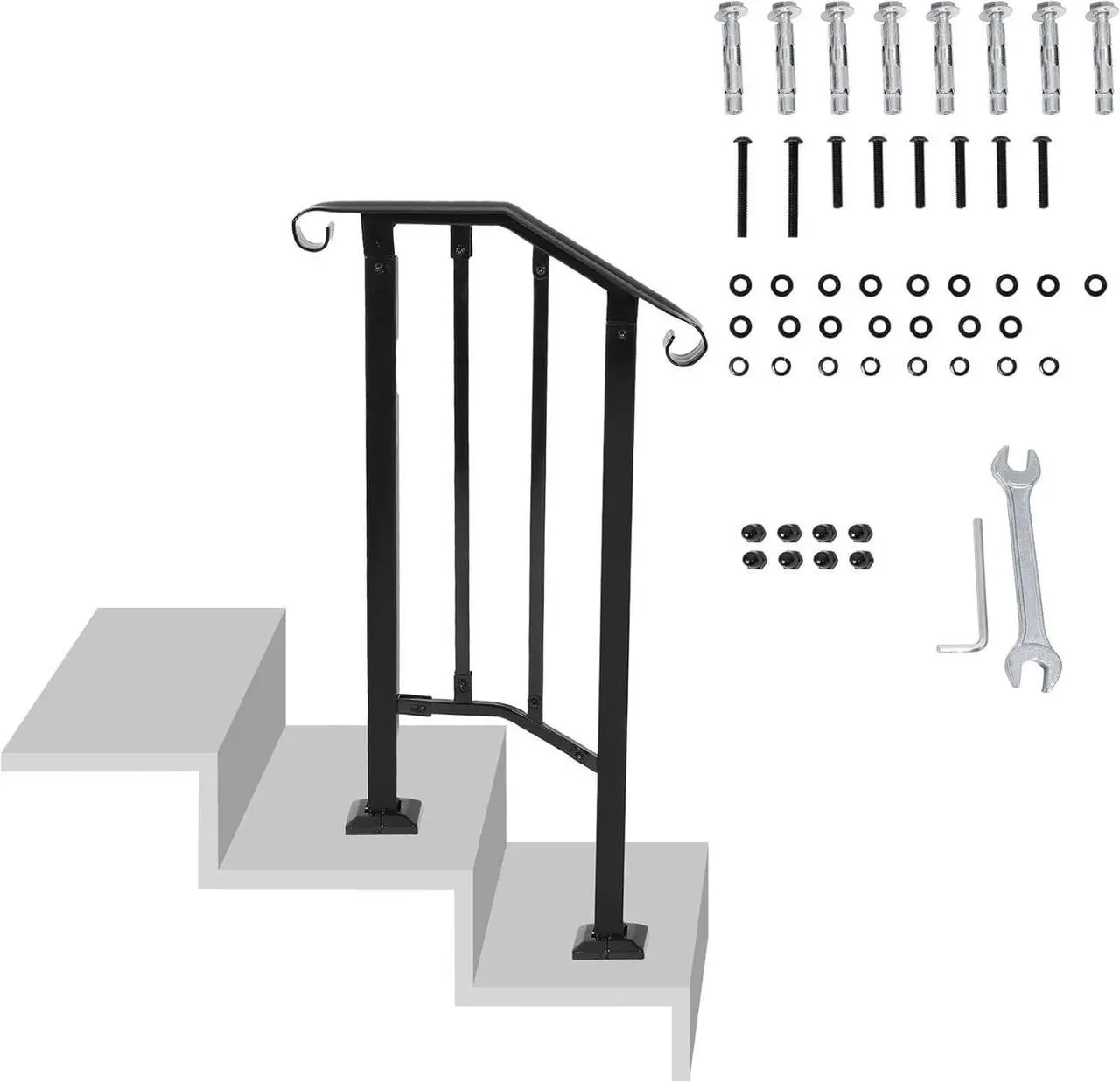 Main image of Ecotric Step Handrail Fit for 1-2 Steps Flexible Porch Railing for Outdoor Steps Steel Stair Railing for Garden, Yard or Porch Black