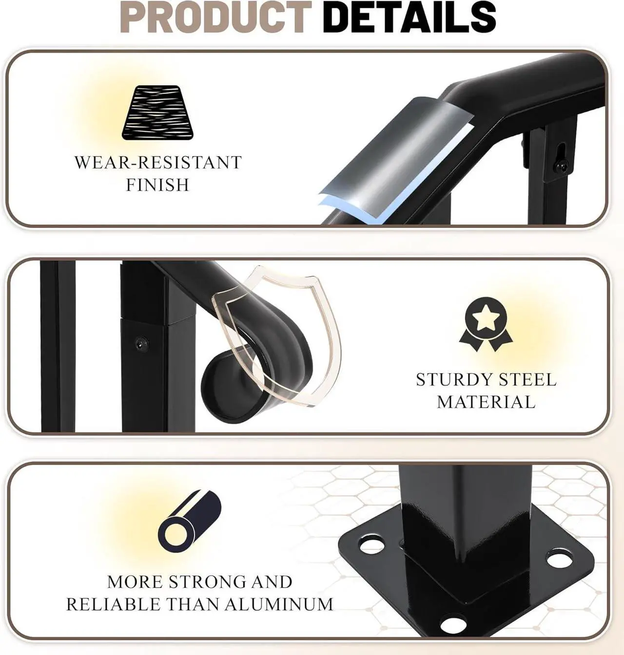 Alt view image 5 of 7 - Ecotric Step Handrail Fit for 1-2 Steps Flexible Porch Railing for Outdoor Steps Steel Stair Railing for Garden, Yard or Porch Black