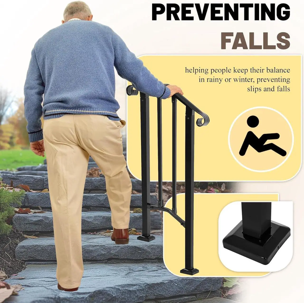 Alt view image 4 of 7 - Ecotric Step Handrail Fit for 1-2 Steps Flexible Porch Railing for Outdoor Steps Steel Stair Railing for Garden, Yard or Porch Black
