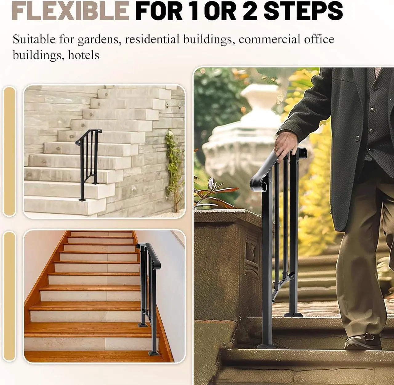 Alt view image 7 of 7 - Ecotric Step Handrail Fit for 1-2 Steps Flexible Porch Railing for Outdoor Steps Steel Stair Railing for Garden, Yard or Porch Black