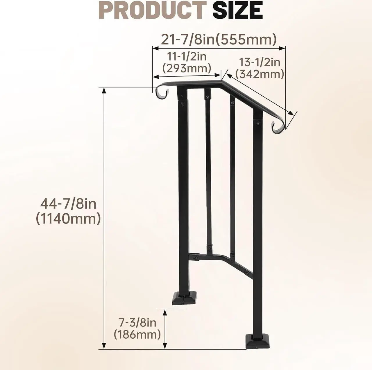 Alt view image 2 of 7 - Ecotric Step Handrail Fit for 1-2 Steps Flexible Porch Railing for Outdoor Steps Steel Stair Railing for Garden, Yard or Porch Black