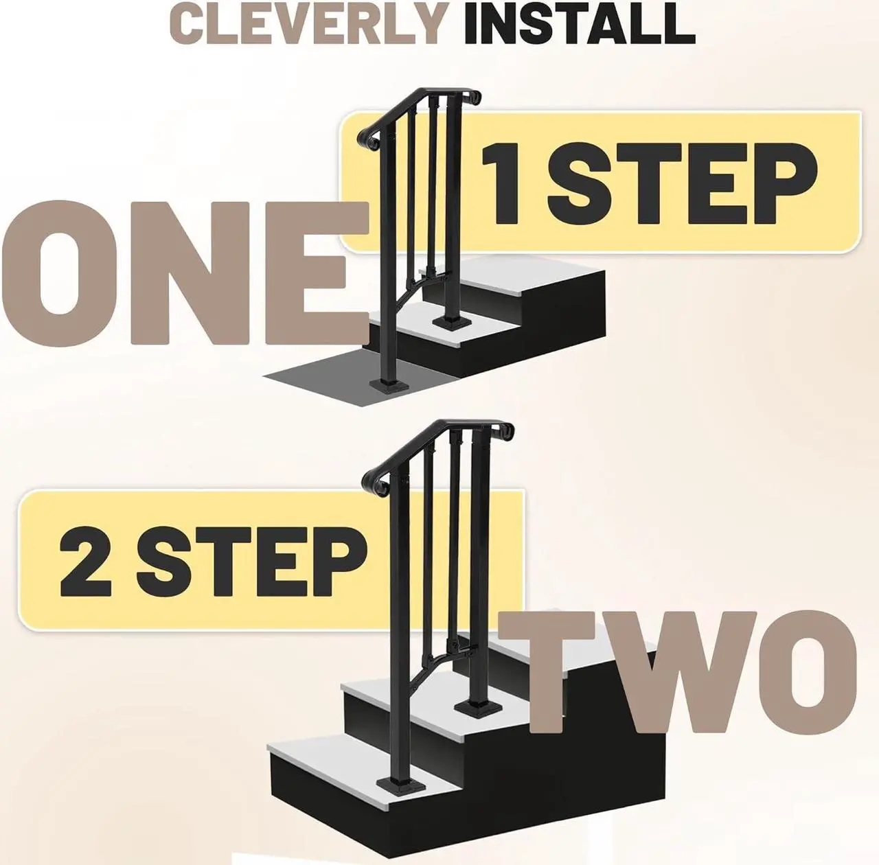 Alt view image 3 of 7 - Ecotric Step Handrail Fit for 1-2 Steps Flexible Porch Railing for Outdoor Steps Steel Stair Railing for Garden, Yard or Porch Black