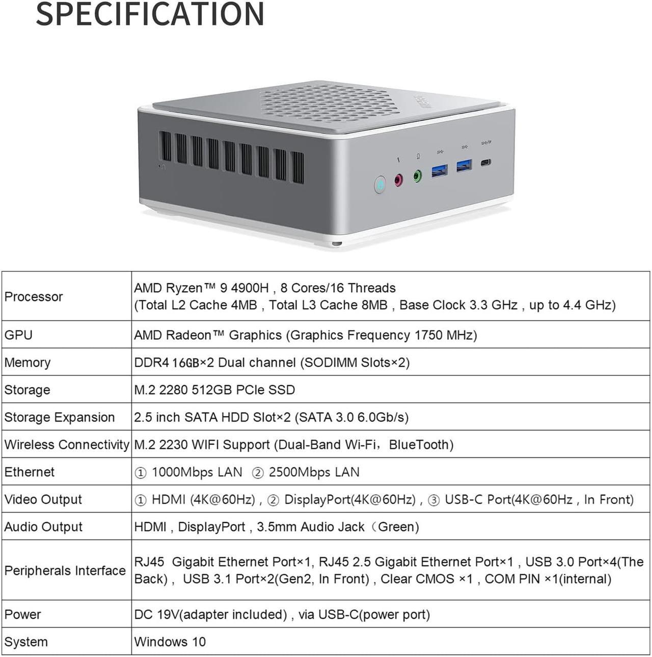 Alt view image 6 of 7 - MINISFORUM Windows 11 Elitemini HM90 Mini PC AMD Ryzen 9 4900H Desktop Computer, 32 DDR4 +512GB SSD, HDMI/DP/USB-C 4K@60Hz Output, 2X RJ45 Port(1000/2500Mbps), 2X HDD Slot Mini Computer