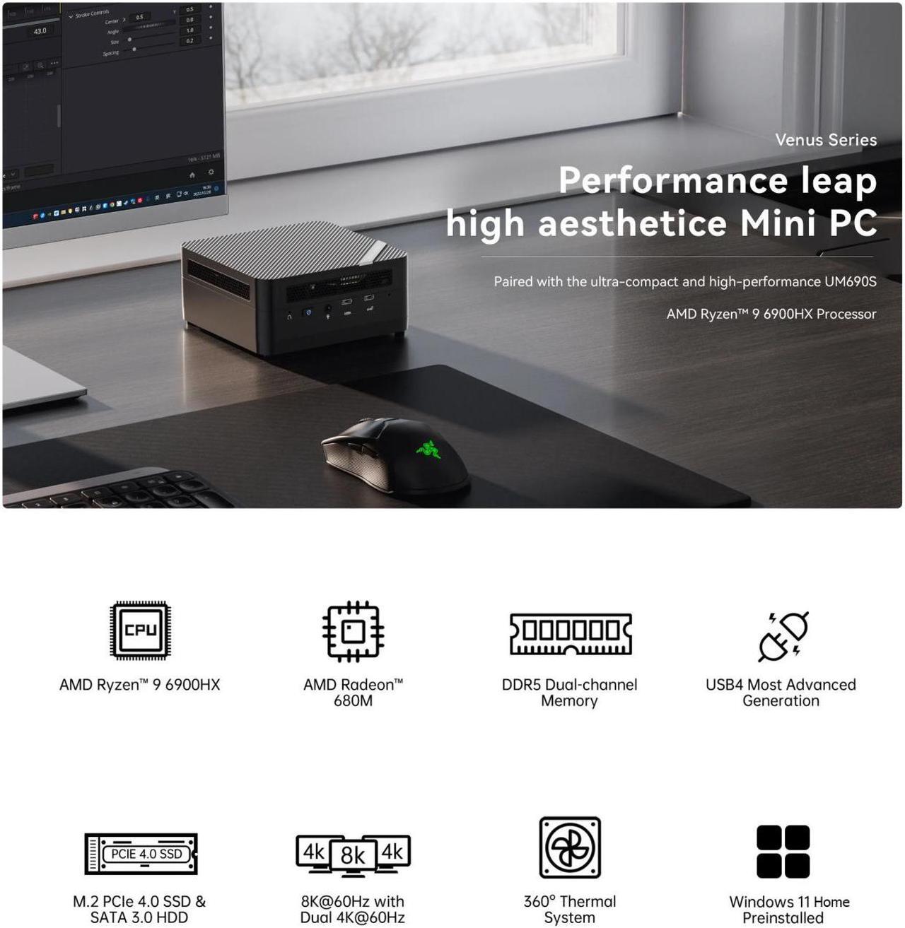 Alt view image 2 of 6 - MINISFORUM UM690S Mini PC AMD Ryzen 9 6900HX 8 Cores 16 Threads 32 GB RAM 1 TB PCIe SSD, 2 x HDMI Ports, 6 x USB Ports, Wifi6, Bluetooth5.2