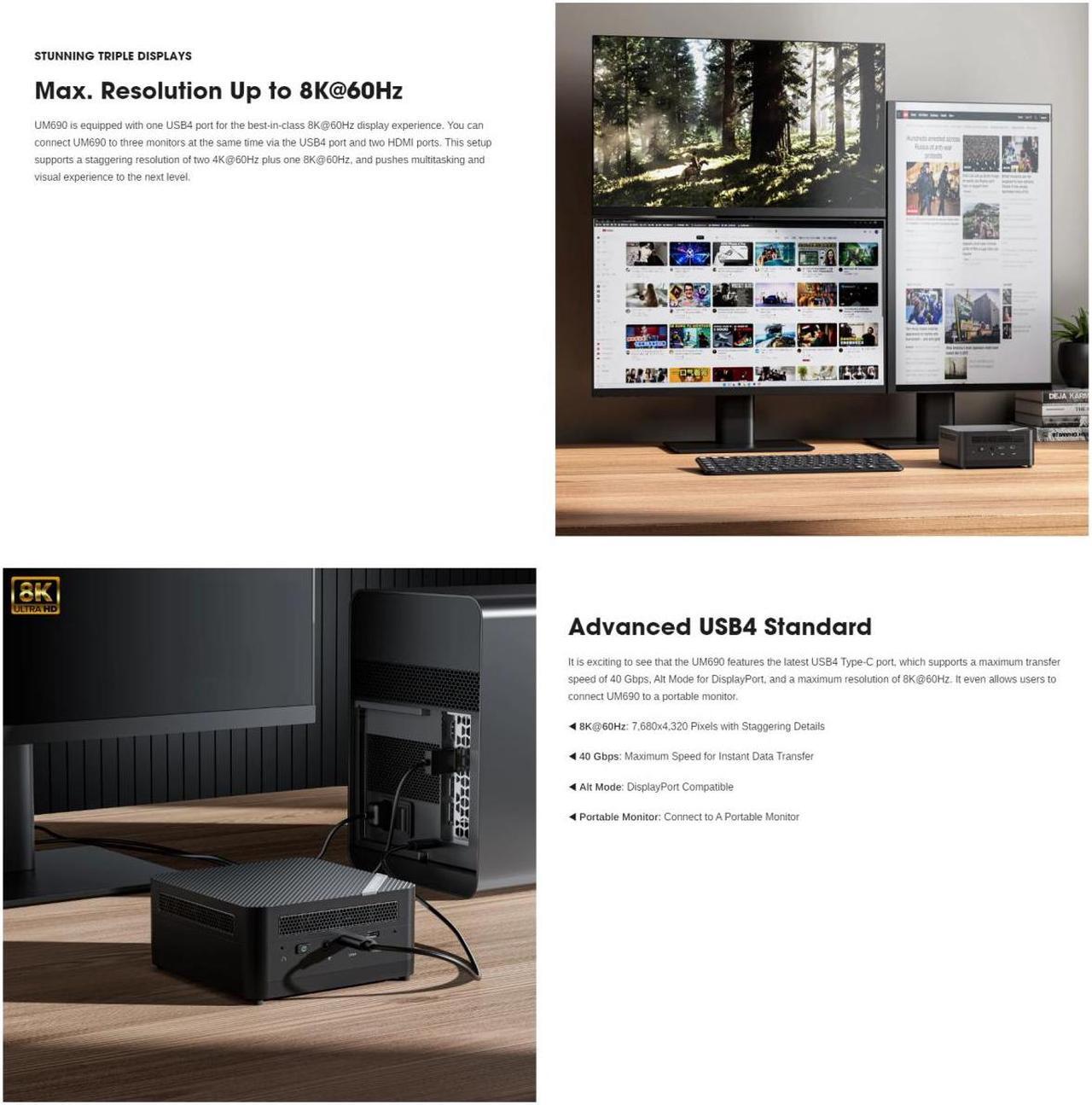 Alt view image 4 of 6 - MINISFORUM UM690S Mini PC AMD Ryzen 9 6900HX 8 Cores 16 Threads 32 GB RAM 1 TB PCIe SSD, 2 x HDMI Ports, 6 x USB Ports, Wifi6, Bluetooth5.2