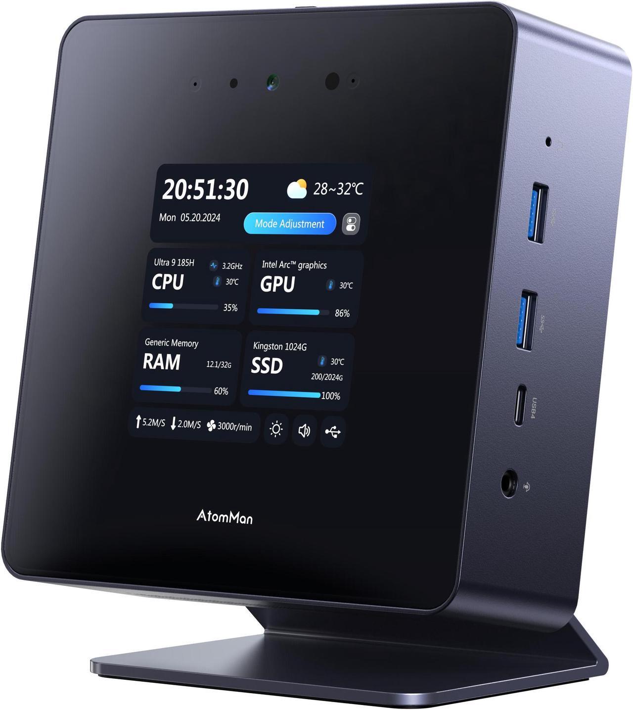 Main image of AtomMan X7 Ti Mini PC Core Ultra 9 Processor 185H 32GB DDR5 1TB SSD Micro Computer, HDMI+DP+2xUSB4 Output, 4 Inch Smart Screen, FHD 1080P Camera, 2X 5Gbps RJ45, WiFi 7, Intel Arc Graphics Gaming PC