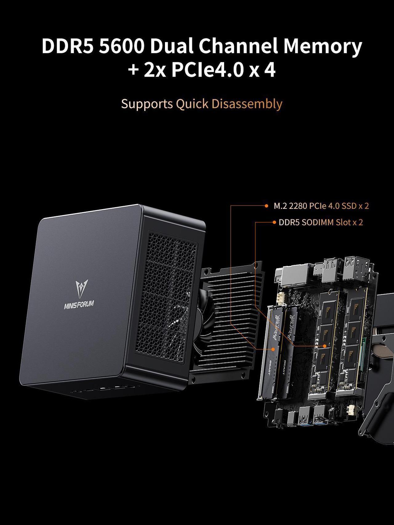 Alt view image 5 of 7 - MINISFORUM UM890 Pro Mini PC AMD Ryzen 9 8945HS(8C/16T, up to 5.2GHz) 64GB DDR5 1TB PCIe4.0 SSD, 2xUSB4(PD 8K)|1xHDMI|1xDP Four Outputs, 2x RJ45, BT5.2 4xUSB3.2 AMD Radeon 780M Graphics Micro Computer