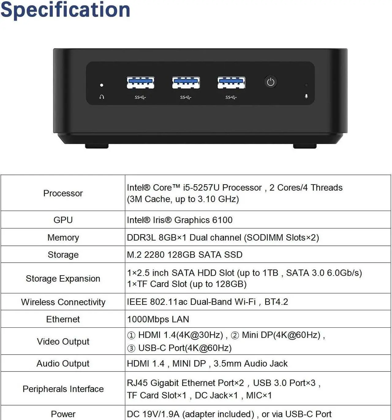 Alt view image 2 of 7 - MINISFORUM U700 Mini PC Core i5-5257U 8GB RAM 128GB SSD Mini Desktop Computer, HDMI+Mini DP+USB-C Triple 4K@60Hz Outputs, 2xRJ45 Port, 3xUSB3.0 Port, 1xTF Card Slot, 1x2.5inch HDD Slot Micro Computer