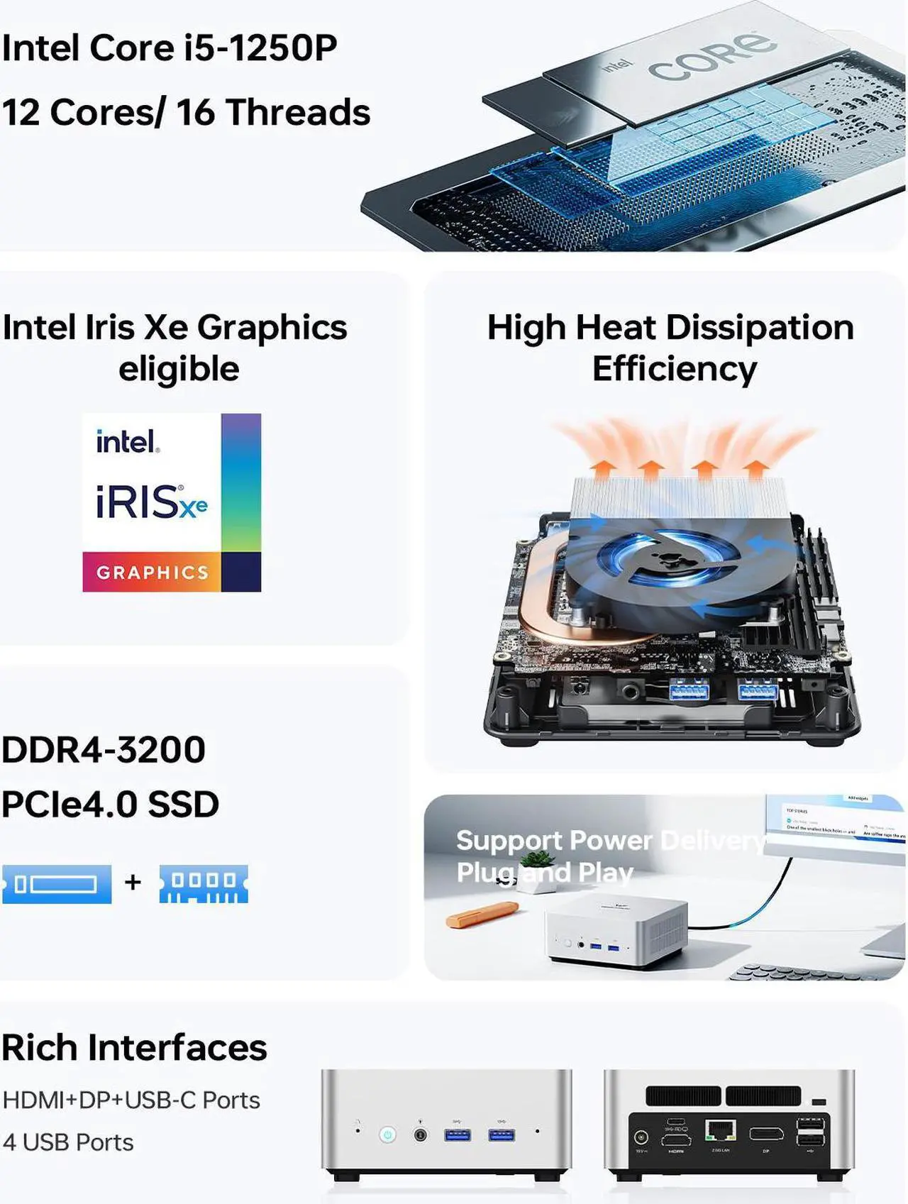Alt view image 2 of 6 - MINISFORUM Venus Series UN1250 Mini PC Core i5-1250P(12C/16T, up to 4.4GHz) 16GB RAM 500G SSD, HDMI/DP/USB-C 4K@60Hz Triple Outputs, 2.5G LAN, WiFi6E, 4X USB Port Desktop Computer