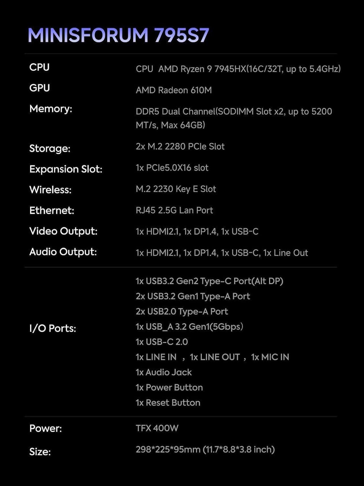 Alt view image 7 of 7 - MINISFORUM 795S7 Mini Gaming PC AMD Ryzen 9 7945HX (16C/32T) Barebone Version Tower Computer, 2x DDR5 Slots, 2x PCIe4.0 SSD, HDMI|DP|USB-CTriple Outputs, M.2 2230 Key E Slot, 2.5G Lan Desktop Computer