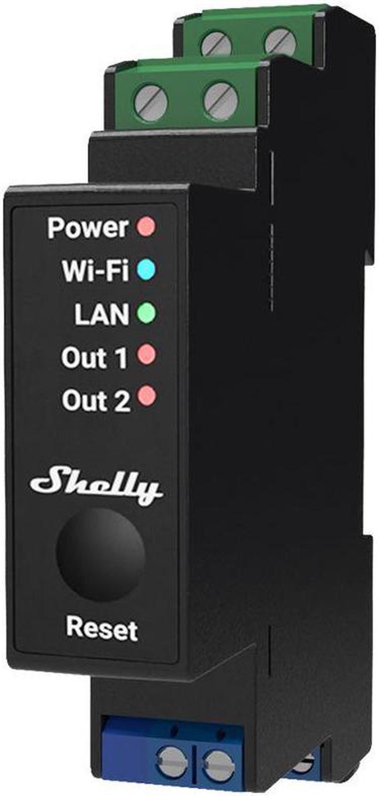 Shelly Pro 2PM. Professional 2-channels DIN rail smart relay up to 25A with power metering. Wi-Fi, LAN, and Bluetooth connection