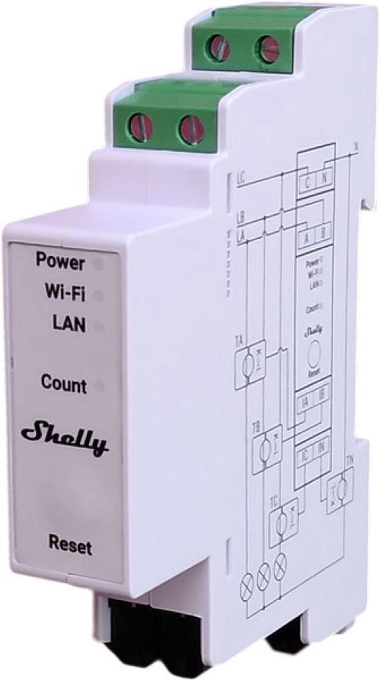 Shelly Pro 3EM. Smart Din Rail 3-Phase Energy Meter. Wi-Fi, LAN, and Bluetooth connection