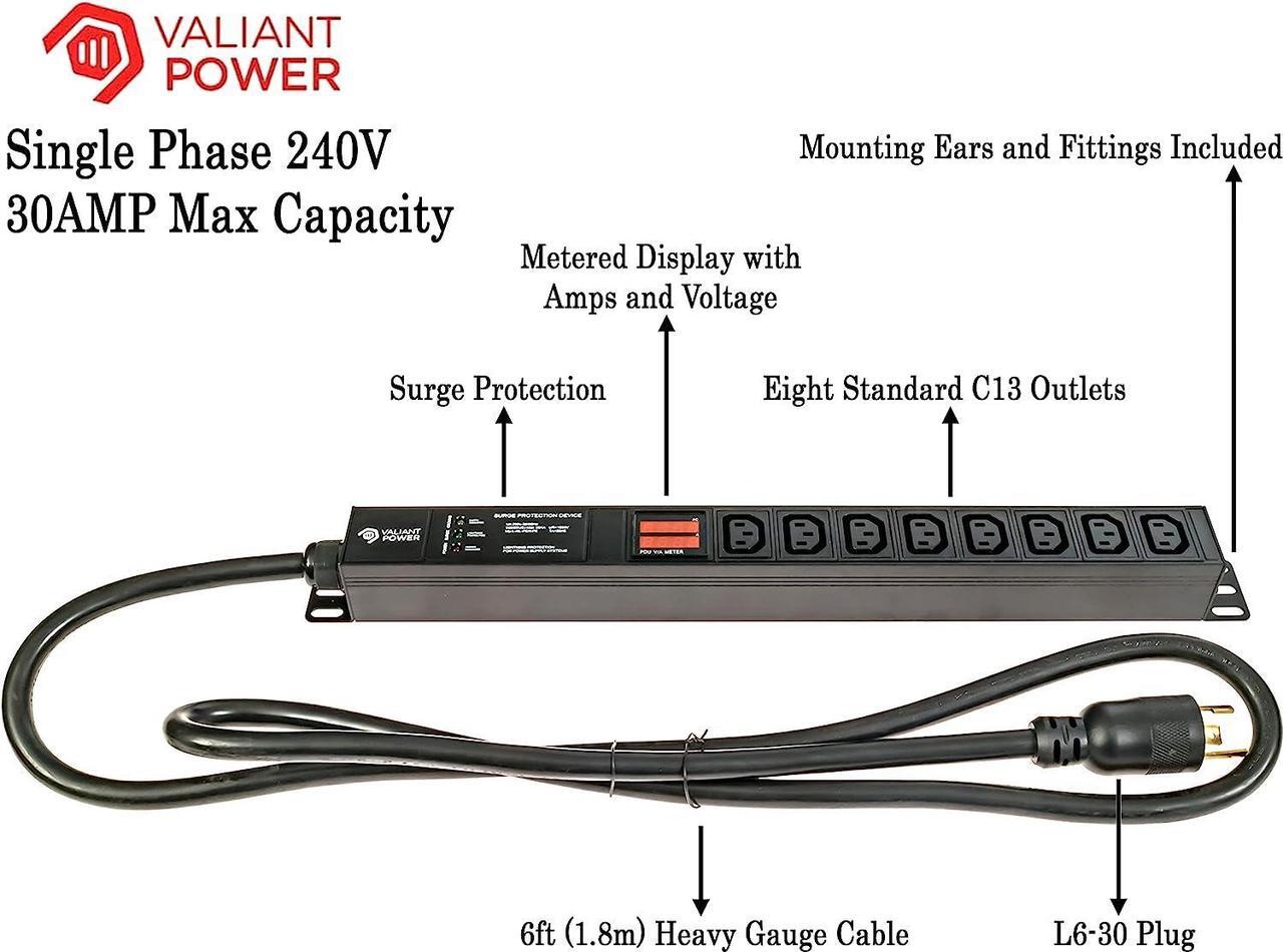 Alt view image 2 of 7 - Valiant Power, Metered, Surge Protection, Rack Mount PDU, Basic 208-230-240-250v/30A, L6-30P Input, (8-C13) Outlets, 1U Horizontal Rackmount (C13) 3 Year Warranty, Crypto Mining