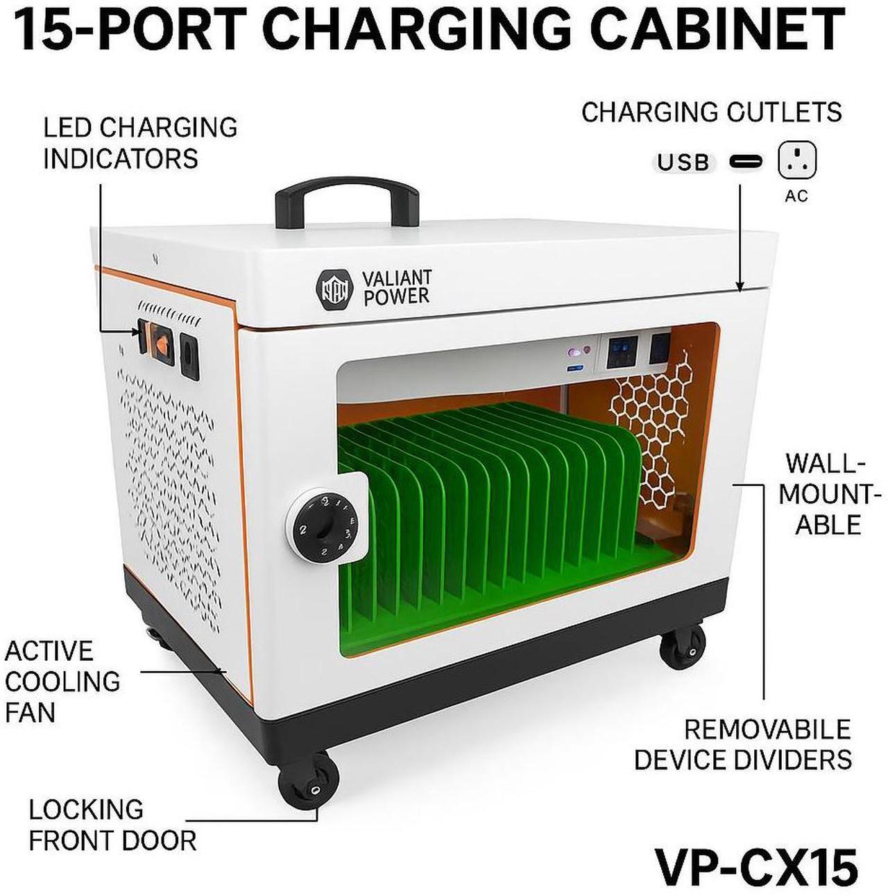 Alt view image 4 of 7 - Valiant Power VP-CX15 Charging Cabinet  15-Port Locking Charging Station with USB, Type-C, and AC Outlets, Smart Indicator, Wall-Mountable, Quiet Fan, Mobile Cart