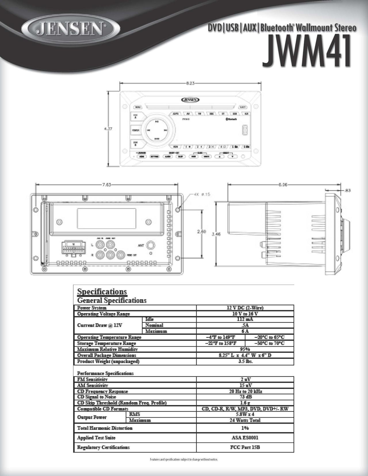Alt view image 3 of 4 - Jensen JWM41 2-Speaker Zones AM/FM|DVD|CD|USB|AUX| Bluetooth Wallmount RV Stereo, Speaker Output 4X 6 Watt, Plays: CD, CD-R, CD-RW, DVD, DVD+RW, DVD-RW, DVD-Video, MPEG-4, VCD, JPEG, CD-DA, MP3, WMA