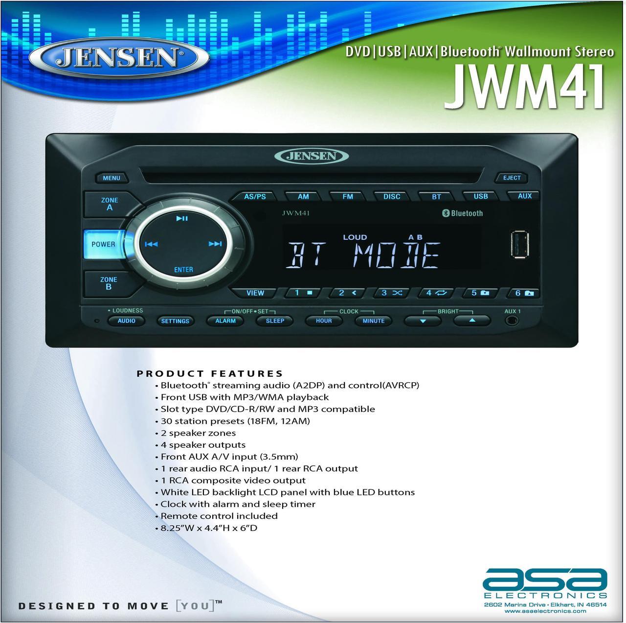 Alt view image 2 of 4 - Jensen JWM41 2-Speaker Zones AM/FM|DVD|CD|USB|AUX| Bluetooth Wallmount RV Stereo, Speaker Output 4X 6 Watt, Plays: CD, CD-R, CD-RW, DVD, DVD+RW, DVD-RW, DVD-Video, MPEG-4, VCD, JPEG, CD-DA, MP3, WMA