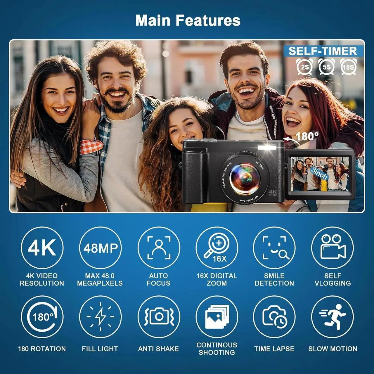 Alt view image 4 of 6 - Digital Camera 4K 48MP Vlogging Camera for Youtube Autofocus 16X Digital Zoom Video Cameras with 32GB SD Card