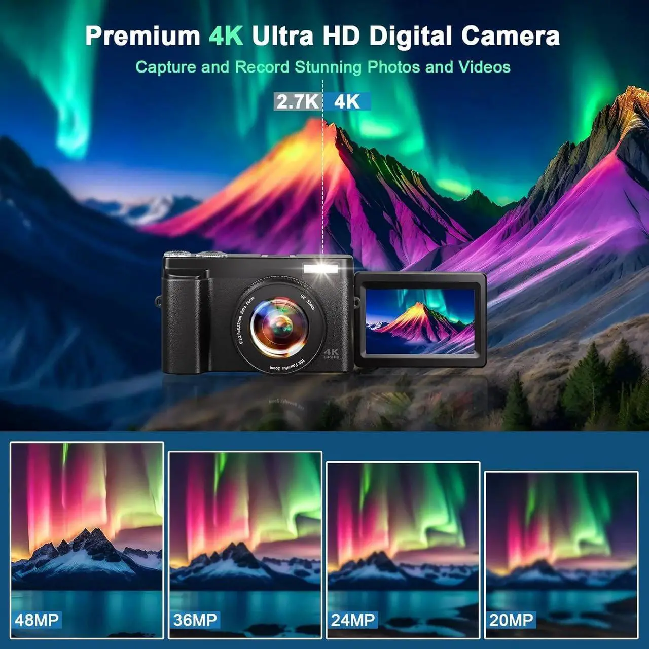 Alt view image 2 of 6 - Digital Camera 4K 48MP Vlogging Camera for Youtube Autofocus 16X Digital Zoom Video Cameras with 32GB SD Card