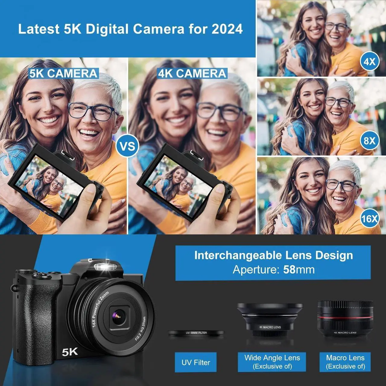 Alt view image 2 of 6 - 5K Digital Camera WiFi Autofocus Vlogging Camera 48MP Compact Video Camera for Youtube with 32G SD Card UV Filter