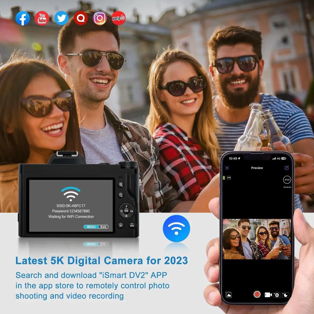 Alt view image 3 of 6 - 5K Digital Camera WiFi Autofocus Vlogging Camera 48MP Compact Video Camera for Youtube with 32G SD Card UV Filter