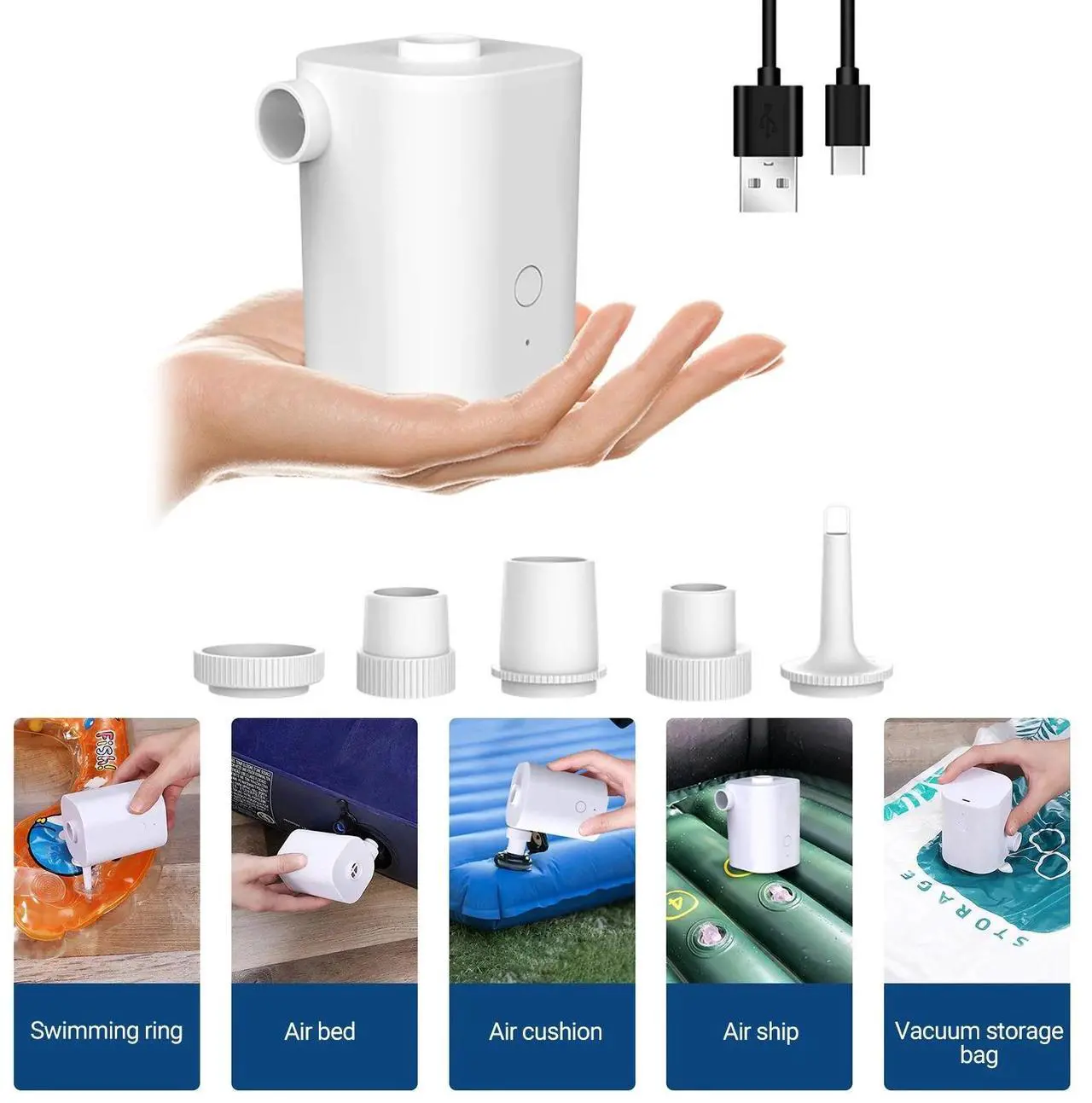 Alt view image 3 of 6 - 2500mAh Battery Rechargeable Electric Air Pump with 5 Nozzles Quickly Inflation/Deflation Portable Swimming Rings Air Mattress Pump for Outdoor